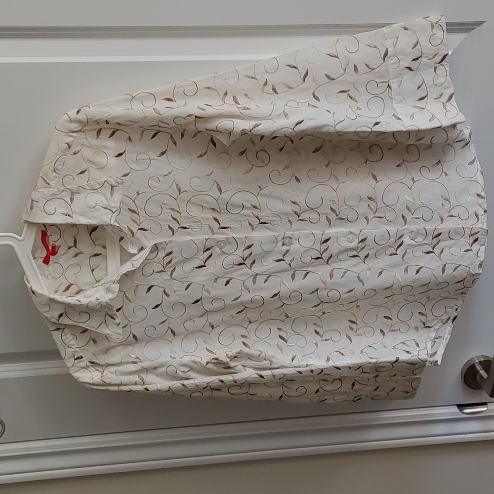 Anne Klein US L Off-White Cotton Blend Embroidered Button Down Top